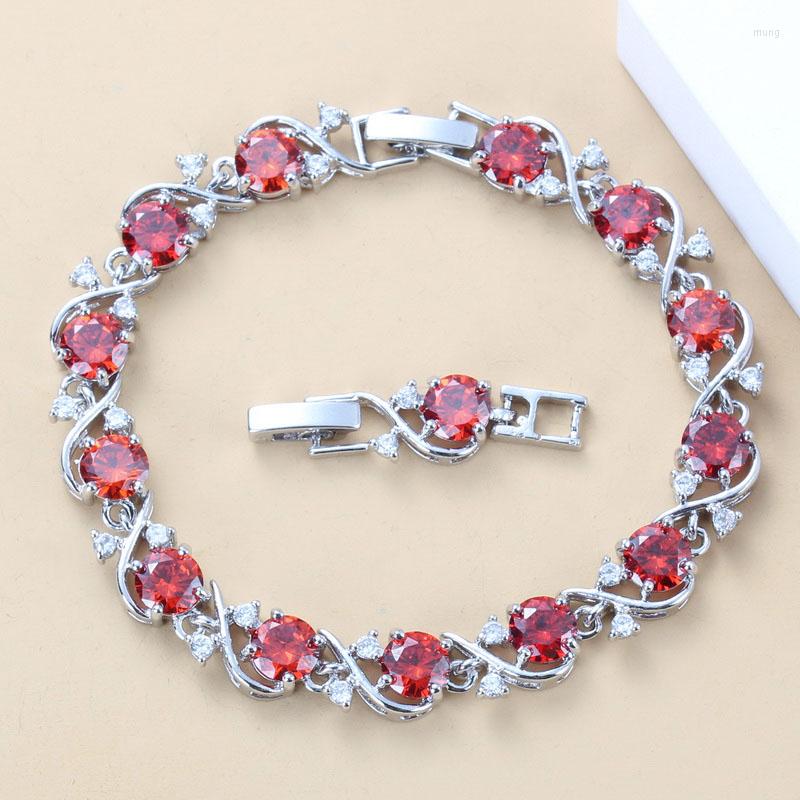 

Link Bracelets 925 Mark Women Wedding Jewelry Bracelet Bangle Red Garnet CZ Fashion Costume Adjustable Length 18 3CM