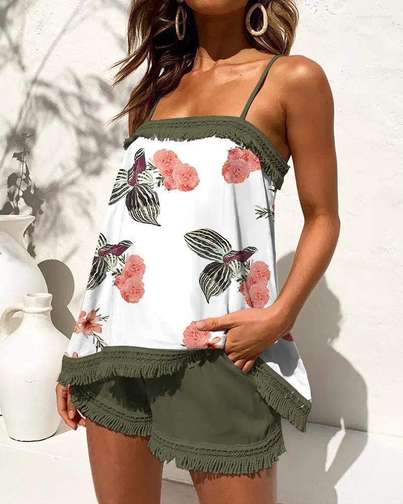 

Women' Tracksuits Plants Print Tassel Trim Cami Top & Shorts Set 2022 Summer Two Piece Sets Women Outfits Casual