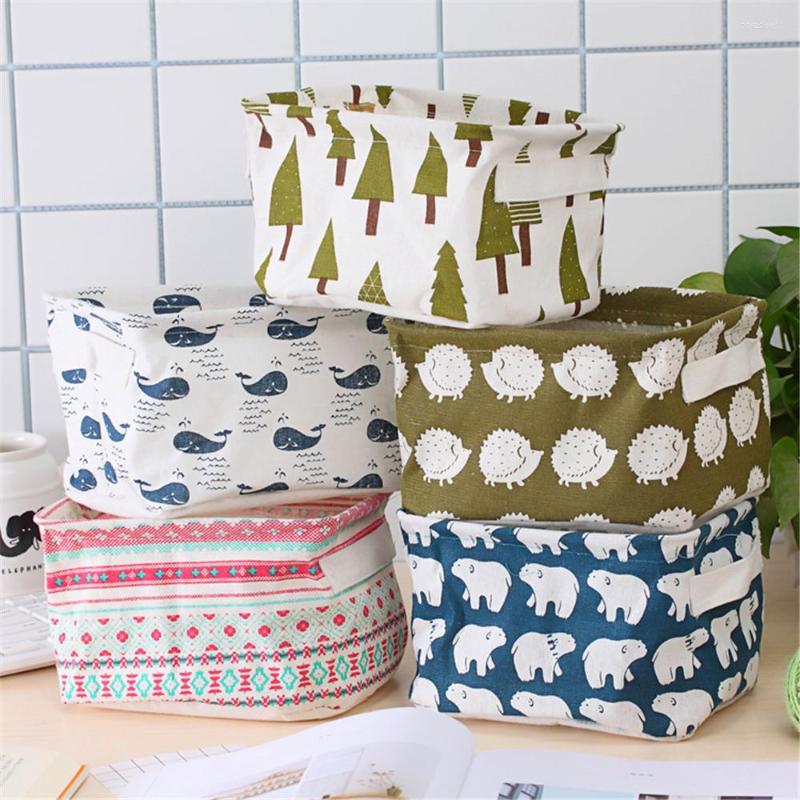 

Cosmetic Bags Fabric Storage Basket Office Desktop Organize Folding Linen Toy Box Pastoral Floral Animal Jewelry Makeup Organizer