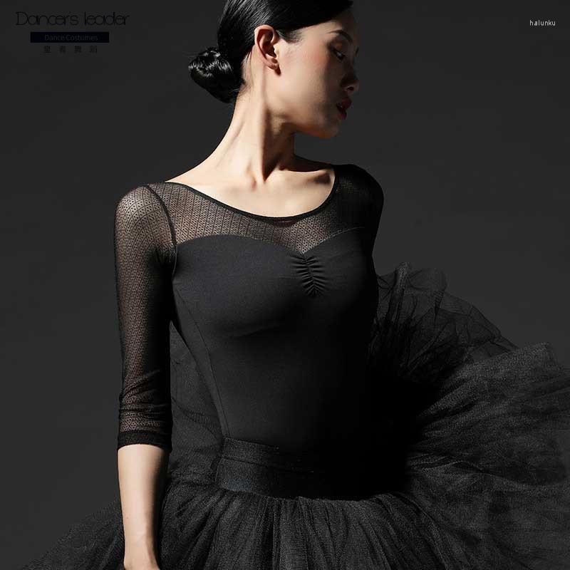 

Stage Wear Ballet Leotard For Women's Training Clothes Round Neck Three-quarter Sleeve Stitching Gymnastics Ballerina Costume, Black