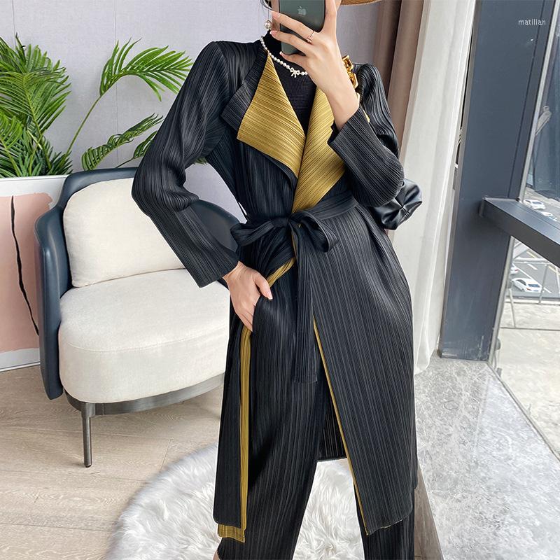 

Women's Trench Coats Elegant Loose Belted Pleated Coat For Women Design Double Colors Full Sleeve Long Elastic Cardigan Female, Gray