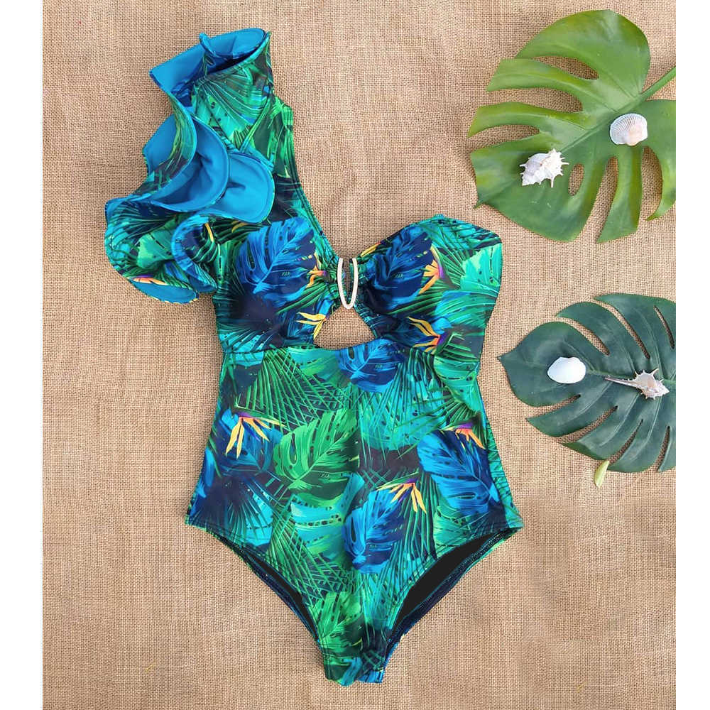 

Swim Wear 2022 New Sexy Ruffle Print Floral One Piece Strappy One shoulder Swimwear Women Swimsuit Bathing Suit Backless Beachwear Monkini T221208