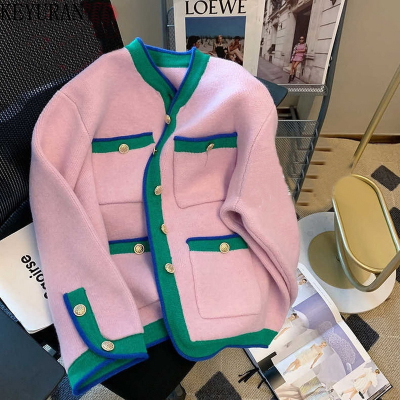 

Women' Knits Tees Contrast Color Edge V neck Knitted Cardigan Autumn Winter Vintage Korean Fashion Thickened Sweater Jacket Gothic Clothes 221207, Pink