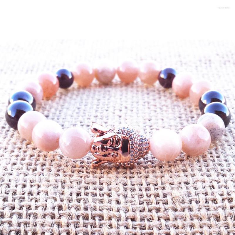 

Link Bracelets MG0767 Rose Gold Color Zirconia Buddha Bracelet Women Sunstone Yoga Wrist Mala Spiritual Healing Mothers Day Gifts