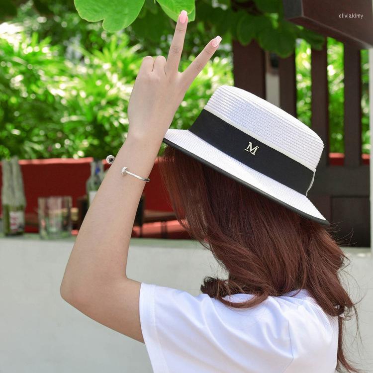 

Berets British Style White Straw Hat Women's Small Summer Flat Brim Sun