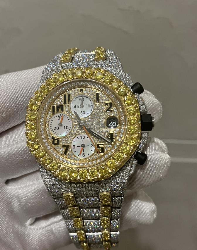 

Version Moissanite stones Watches Gold&Silver PASS TEST Mens VVS diamonds T op quality Automatic ETA movement Luxury Full Iced Out 2-Tone Chronograph Watch, 0.8mm