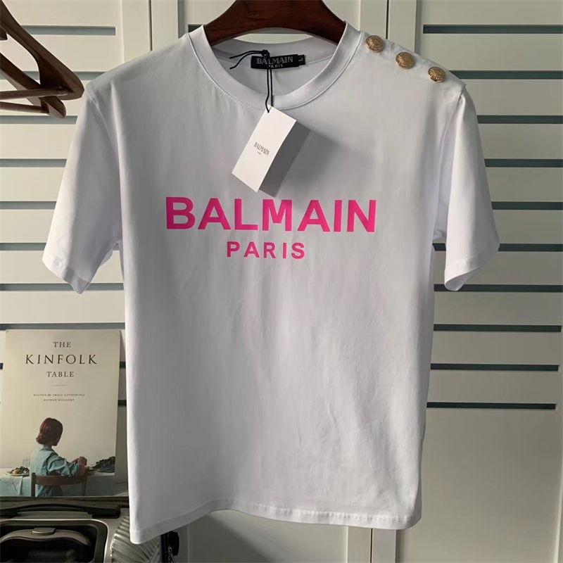 

Balmain Mens Fashion Brand T Shirt Womens Round Neck Print Gold Buckle Casual White Tees Designer Size S-XL