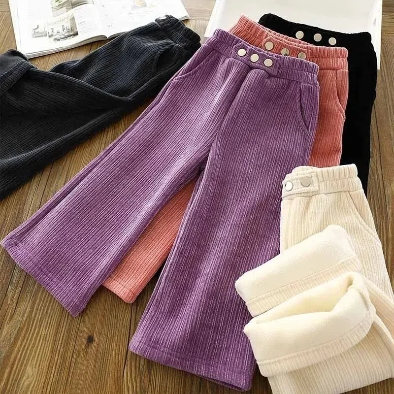 

Trousers Winter Kids Thick Velvet Warm Pants for Girls Autumn Loose Corduroy Wid Leg Children Casual fits 4 14 Years 221207, Beige