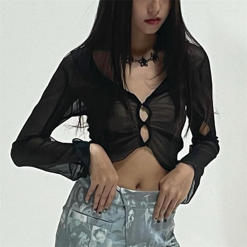 

Women' T Shirts YOZOU 2022 Black Mesh Long Sleeve Crop Top Girl Hollow Out Goth Sexy Punk Y2k Rave Outfits Alt Coquette Grunge Tee Tshirt
