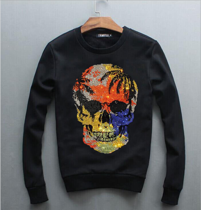 

Men's Hoodies Casual Man Elastic Clothes Shinning Rhinestone Skull Pattern Hoddies Diamond Round Collar Sweatshirt Boys Male O Neck Pullover, As picture shown