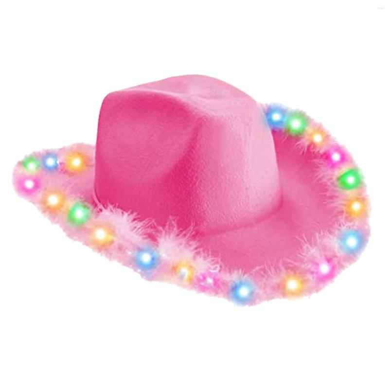 

Berets Women Pink Cowboy Hat Comfortable Elegant Western Country Style With Lights For Halloweens