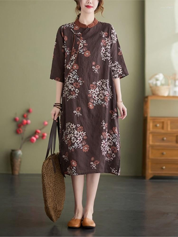 

Party Dresses Cotton Linen Women Dress 2022 Summer Loose Big Size Half Sleeve Chinese Clothing Print Floral Fashion Robe Female YoYiKamomo, Multi