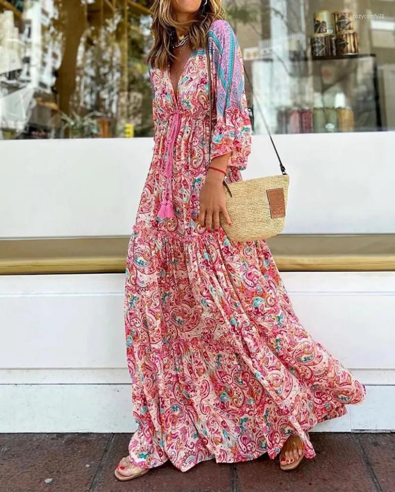 

Casual Dresses For Women 2022 Summer Paisley Print Bell Sleeve Drawstring Maxi Dress Tassel Flared Female
