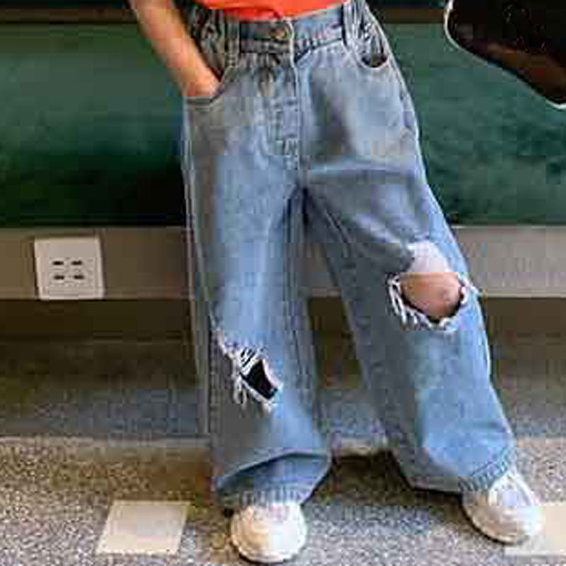 

Trousers Girls Pants Personality Ripped Wide Leg Jeans Spring And Summer Fashion Kids Clothes Children'S Clothing 221207, Beige