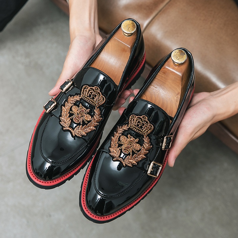 

New 2023 British shoes Retro Embroidery Monk Strap Shoes Thick Bottom Loafers Wedding Prom Homecoming Party Footwear Zapatos Hombre, A1