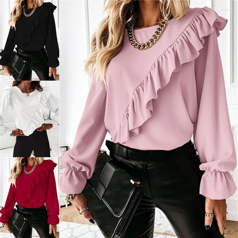 

Women's Blouses Elegant Solid Color Patchwork Blouse Spring Autumn 2022 O-Neck Long Sleeve Flare Pullover Chiffon Shirt Women's Clothing, Burgundy