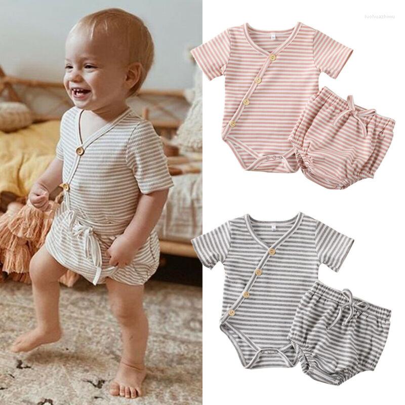 

Clothing Sets Born Infant Cotton Short Sleeve Striped V-neck Romper Baby Slanted Buttons Closure One-piece With Elasticated Panties, Gray