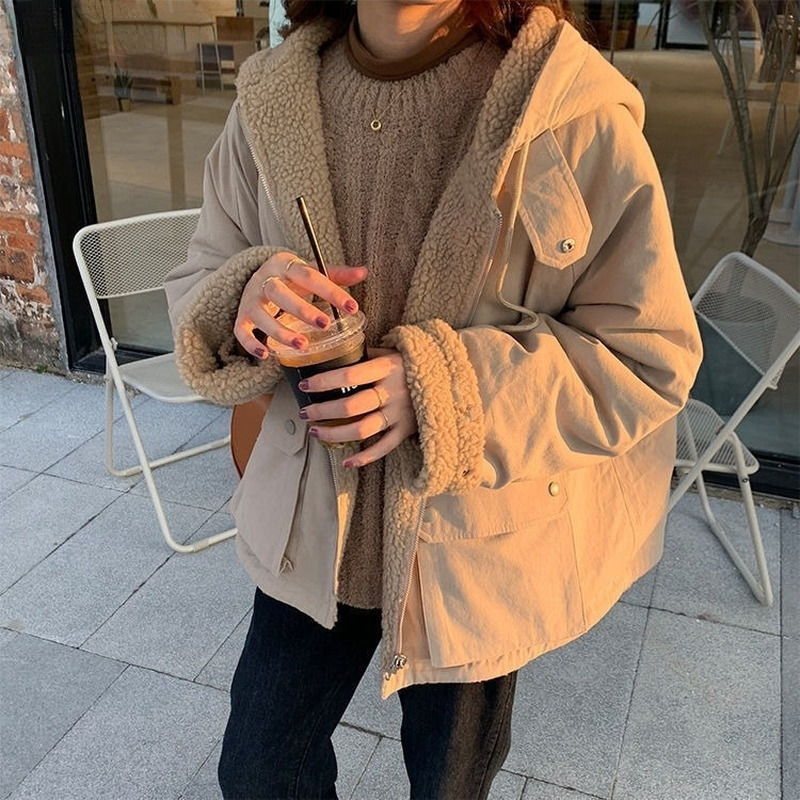 

Women  Down Parka Oversized Hooded Thick Coat Ladies Soft Kawaii Jackets Double Sided Outerwear Autumn Winter Warm Long Sleeve Tops 221208, Black