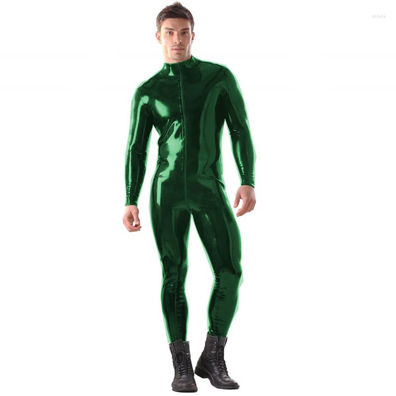 

Catsuit Costumes Plus Size S-6XL Men Wetlook PVC Bodycon Jumpsuit Front Zipper Zentai Long Sleeve Cosplay Halloween Performance Costume, Black
