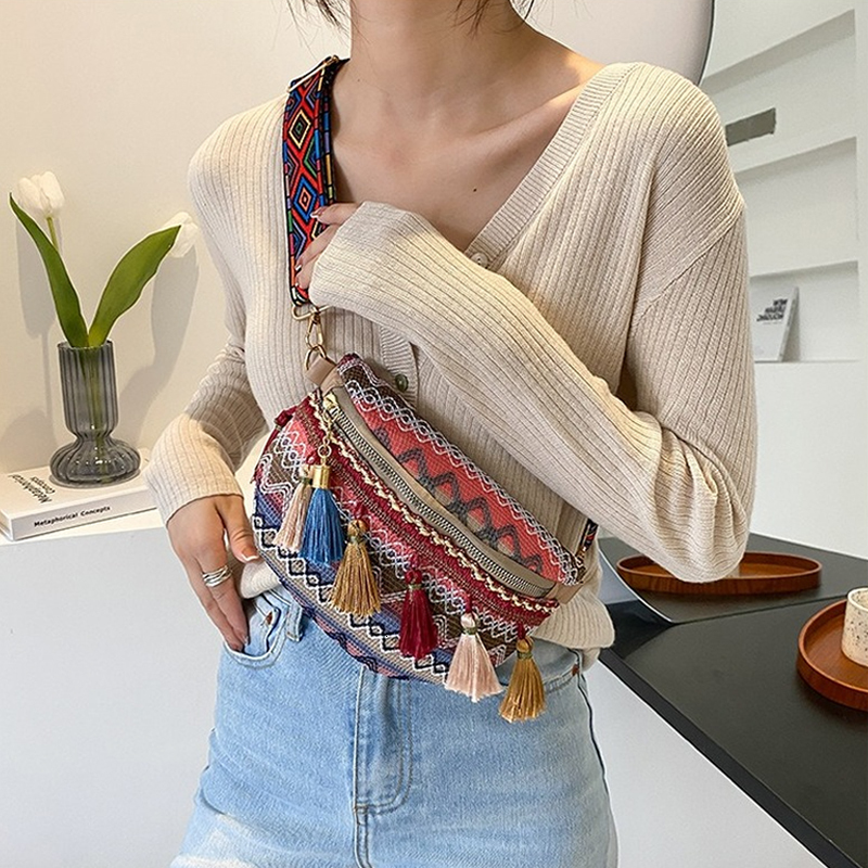 

Waist Bags Women Folk Style with Adjustable Strap Variegated Color Fanny Pack Fringe Decor 221208, Green