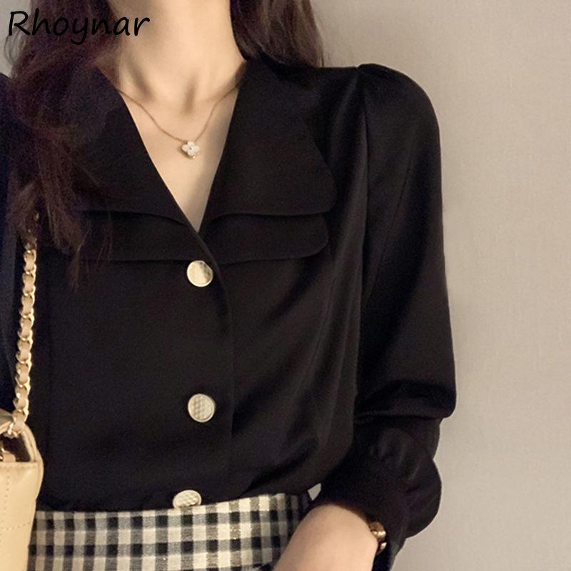 

Women' Blouses & Shirts Women Shirt Double-layer All Match Solid Full Sleeve Design Elegant Office Ladies Simple Chiffon Loose Tops Tender, Black
