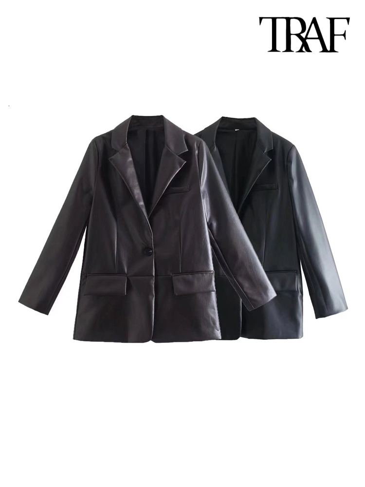 

Women's Suits Blazers TRAF Women Fashion Front Button Faux Leather Blazer Coat Vintage Long Sleeve Flap Pockets Female Outerwear Chic Veste Femme 221207, Dark brown