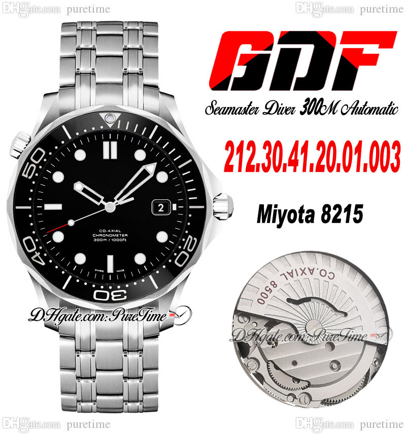 

GDF Drive 300M Miyota 8215 Automatic Mens Watch Ceramic White Enamel Diving Scale Bezel Black Dial 212.30.41.20.01.003 Stainless Steel Bracelet Puretime E12C3, Omg-e12f