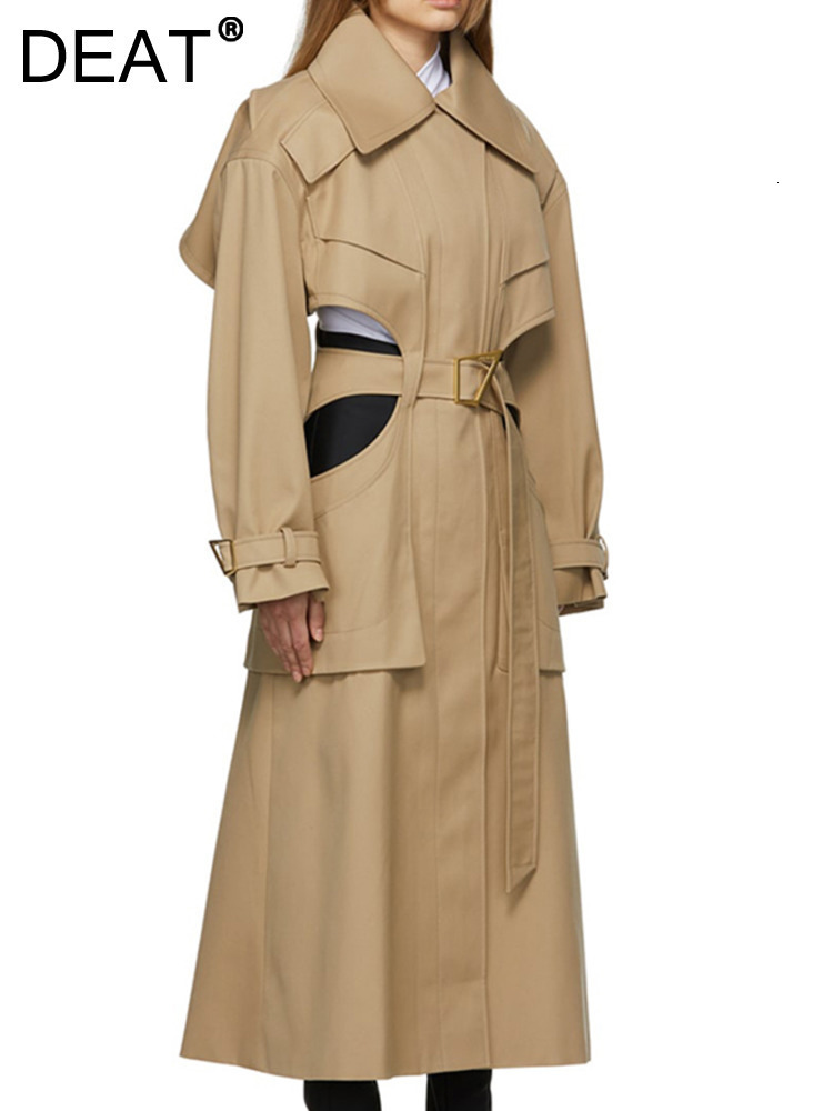 

Women's Trench Coats DEAT Fashion Coat Laple Hollow Out Belt Deconstruct Long Sleeve Windbreaker Female Autumn 17A2730 221207, Green