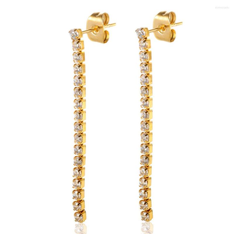 

Dangle Earrings JINHUI Stainless Steel Ear Needle Crystal Long Chain Tassel Stud For Women Round Cubic Zirconia Drop Jewelry