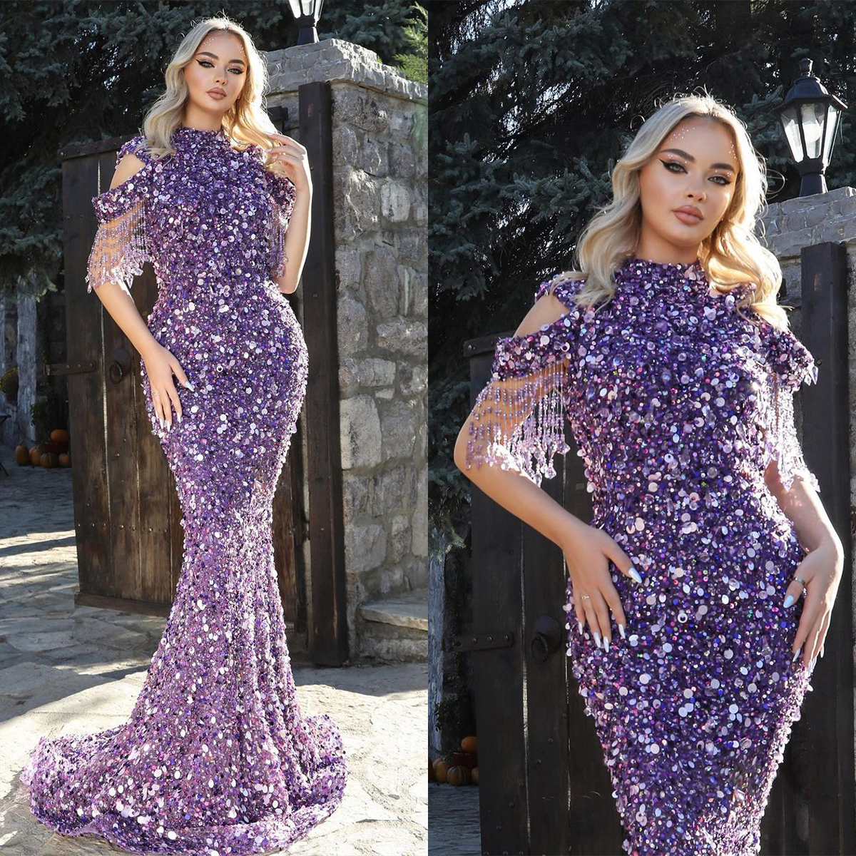 

Arabic Purple Sequined Mermaid Evening Dresses Beads Crystal Off Shoulder Prom Formal Party Second Reception Gowns, Ivory