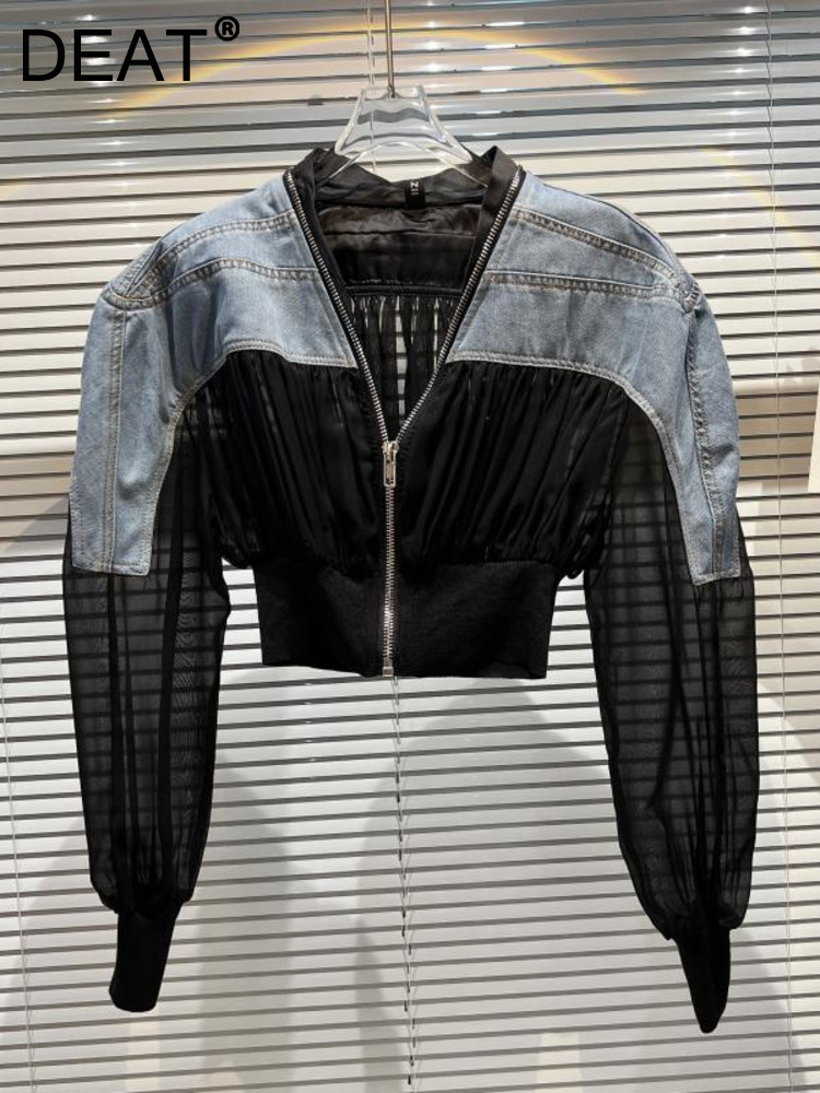 

Women's Jackets DEAT summer fashion women clothes V-neck full sleeves zippers spliced denim contrast colors jacket short parka WW66305L 221207, Black