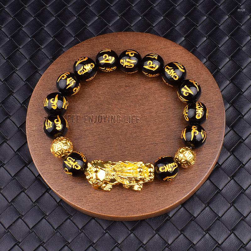 

Strand Feng Shui Obsidian Stone Beads Bracelet Men Women Unisex Wristband Gold Black Pixiu Wealth And Good Luck