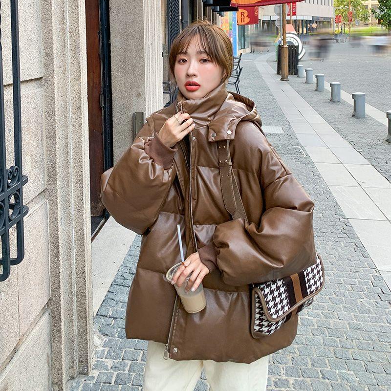 

Women' Down Winter Hooded Pu Leather Cotton Padded Coat Long Sleeves Zipper Female Warm Fashion Jacket, Black