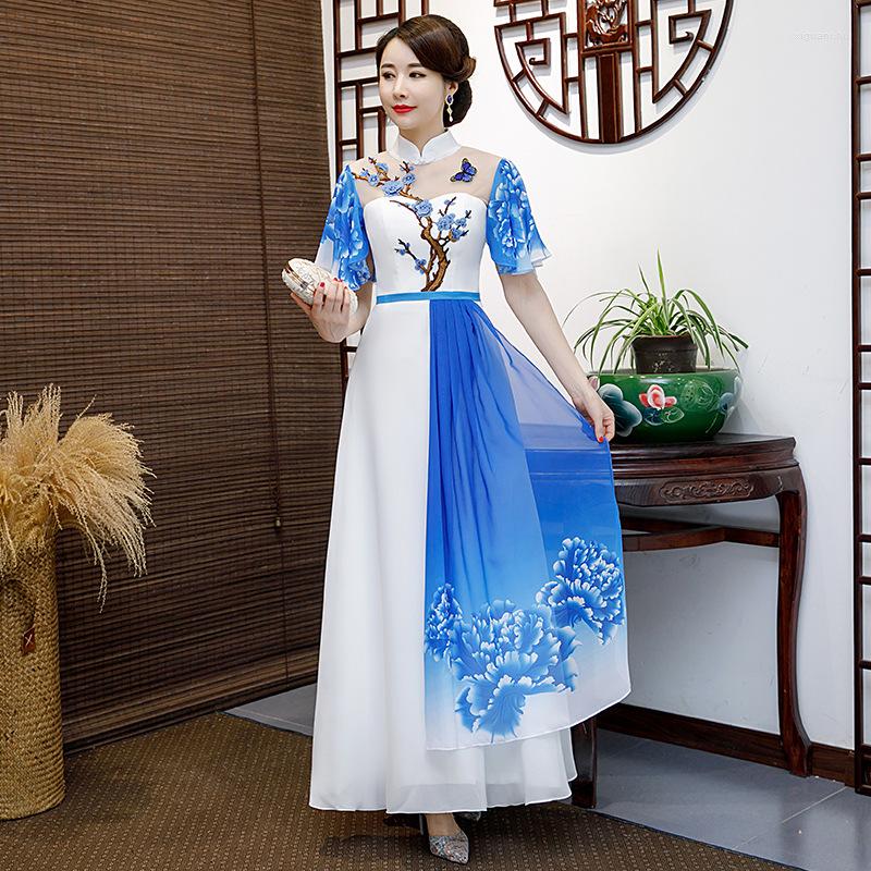 

Ethnic Clothing Women Chinese Style Embroidery Mandarin Collar Cheongsam Wedding Evening Party Dress Fashion Classic Qipao Novelty