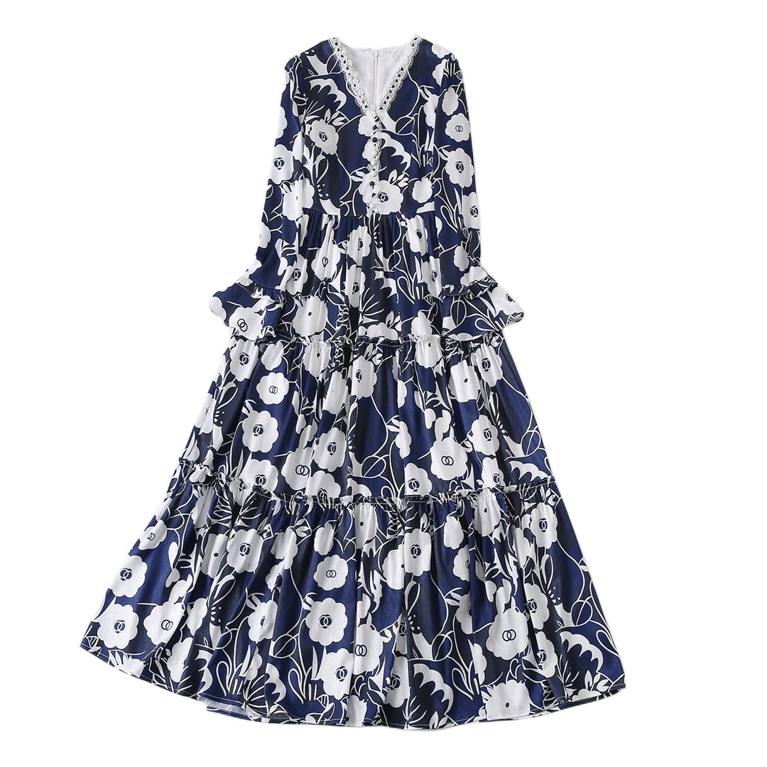 

Temperament new printed V-neck button button front flared sleeve waist tight large hem long skirt, Customize