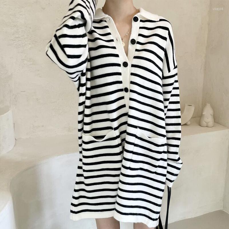 

Casual Dresses WDMSNA Korean Chic Lapel Contrast Stripe Robe Femme Loose Single Breasted Vestidos Long Sleeve Short Knitted For Women