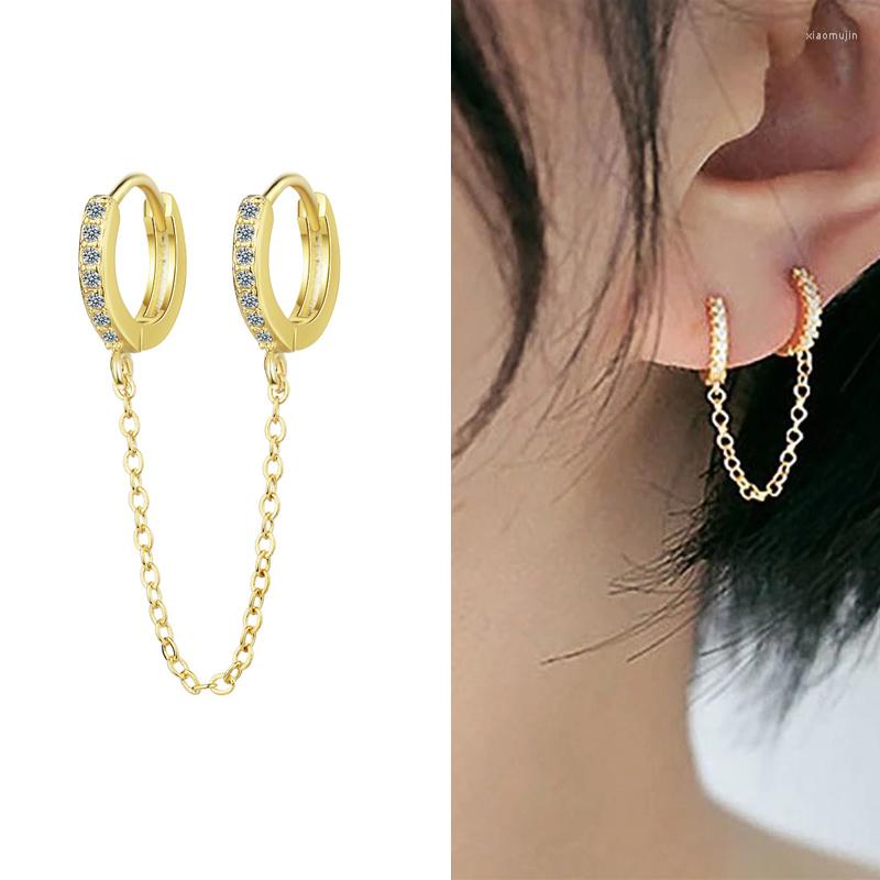 

Hoop Earrings 925 Sterling Silver Two Hole Piercing For Women Brilliant Crystal Zircon Gold Color Chain Earring Party Jewelry