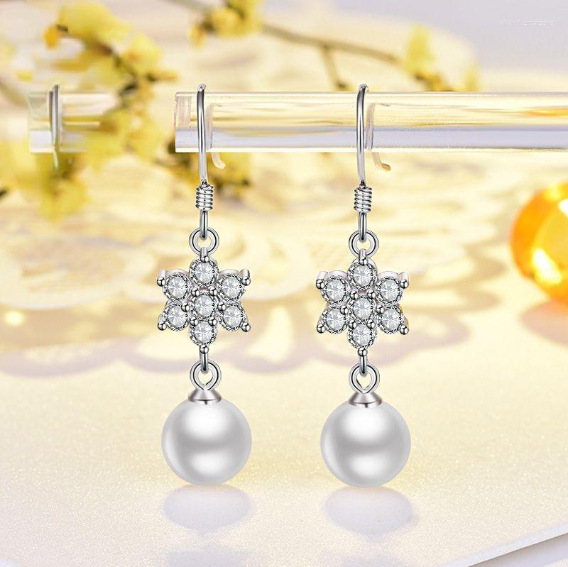 

Stud Earrings S925 Sterling Silver Diamond Zircon Snowflake Pearl Long Female Korean Version Ear Hook