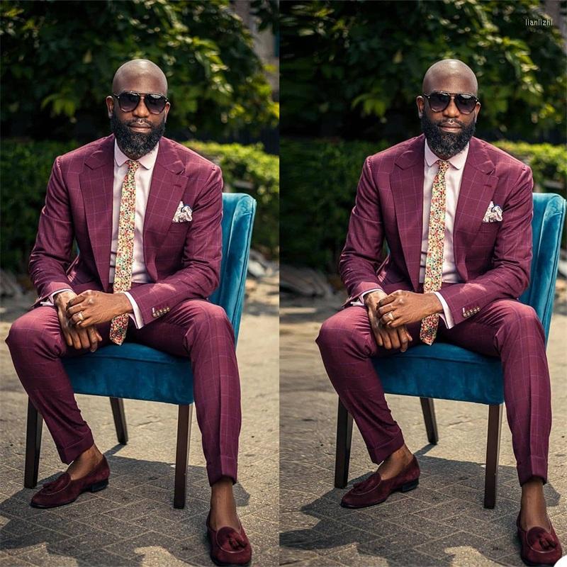 

Men's Suits Burgundy Men 2 Pieces Plaid Designer Party Wear Fashion Casual Business For Man Peaked Lapel Blazer Suit, Khaki
