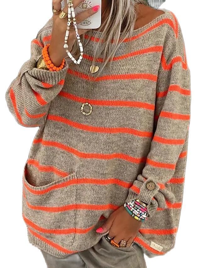 

Women' Sweaters Pullover sweater autumn and winter striped knitted hit color pullover round neck loose women 221207, Gray