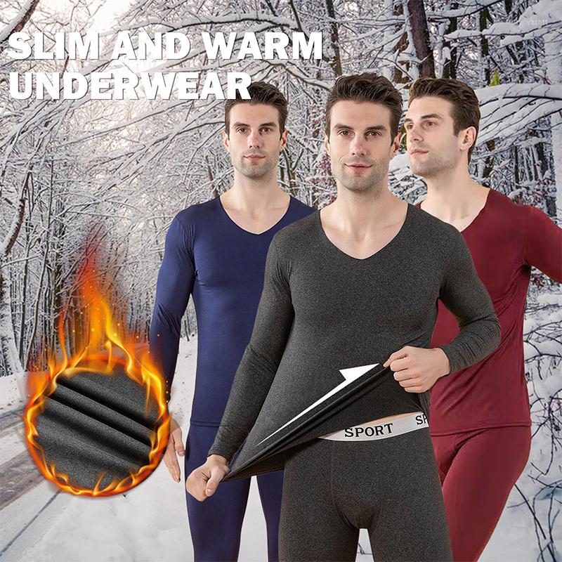 

Men's Thermal Underwear Seamless Set For Men Bottoming Shirt Solid Color Long-Sleeved T-Shirt Thin Velvet Heating Fiber Man Tops Pants, Black