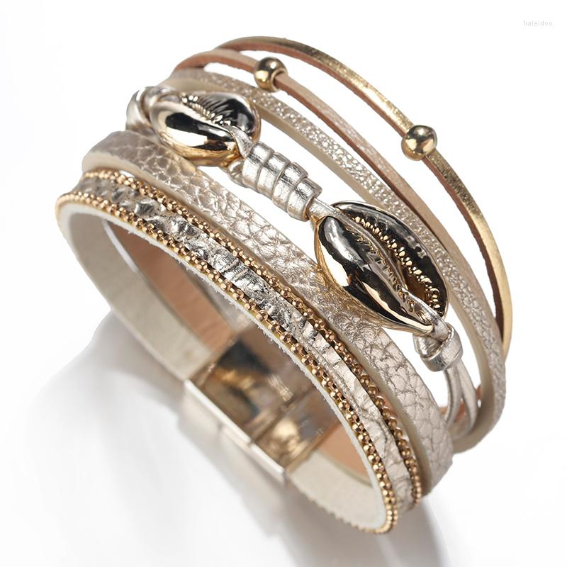 

Charm Bracelets Amorcome Boho Metal Shell Beads Leather For Women Link Chain Multilayer Wide Wrap Bangle Bracelet Female Jewelry