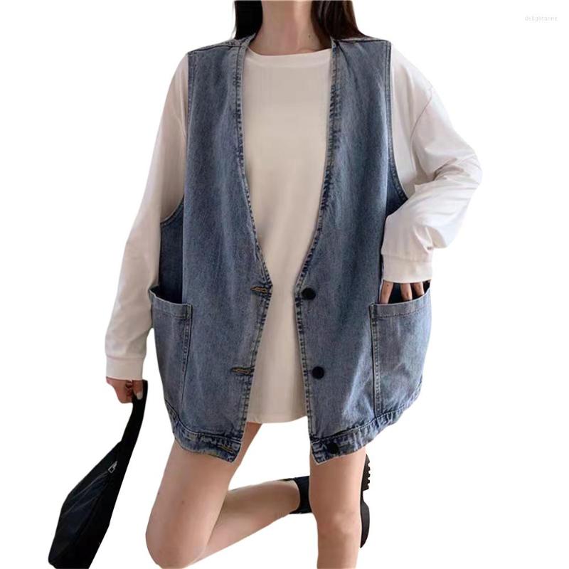 

Women' Vests Women Summer Denim Waistcoat 2023 Solid Sleeveless Deep V-Neck Button Closure Jean Cardigan With 2 Pockets -XL