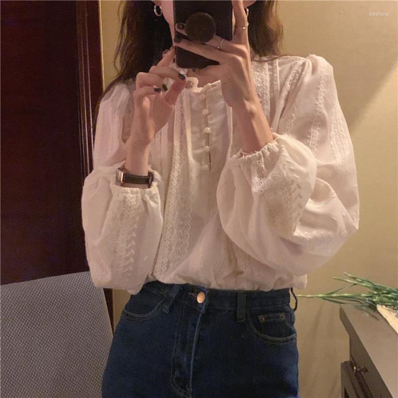 

Women's Blouses Alien Kitty Retro Sweet Soft Lace Crochet Stand Collar Hollow Out Shirt Femme Blusas 2022 Loose All-match Women Tops, Apricot