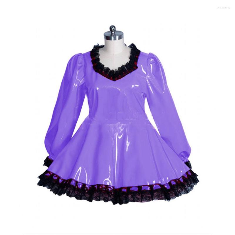 

Casual Dresses Long Sleeve Women Dress Patent Leather Lace Trimming Latex Femme Maid PVC Sexy Costumes Lockable Sissy Lolita, Beige