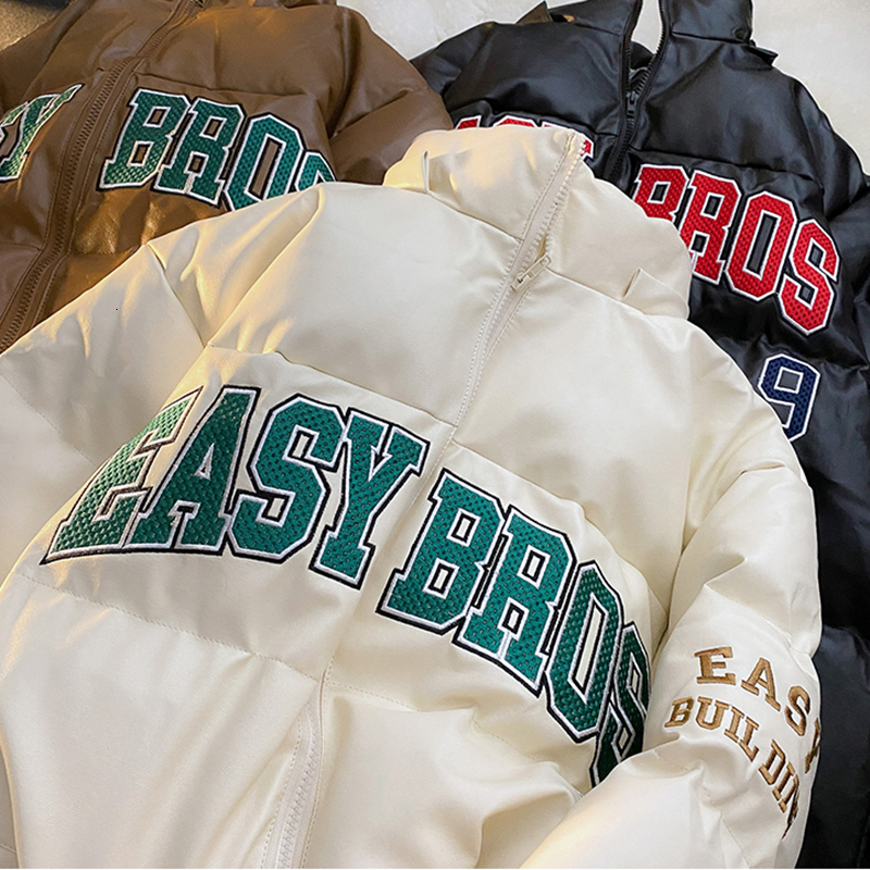 

Women's Down Parkas Winter Womens Cotton Padded Warm Hooded PU Leather Hip Hop Harajuku Letter Embroidery Loose Solid Color Coats Unisex 221207, Brown