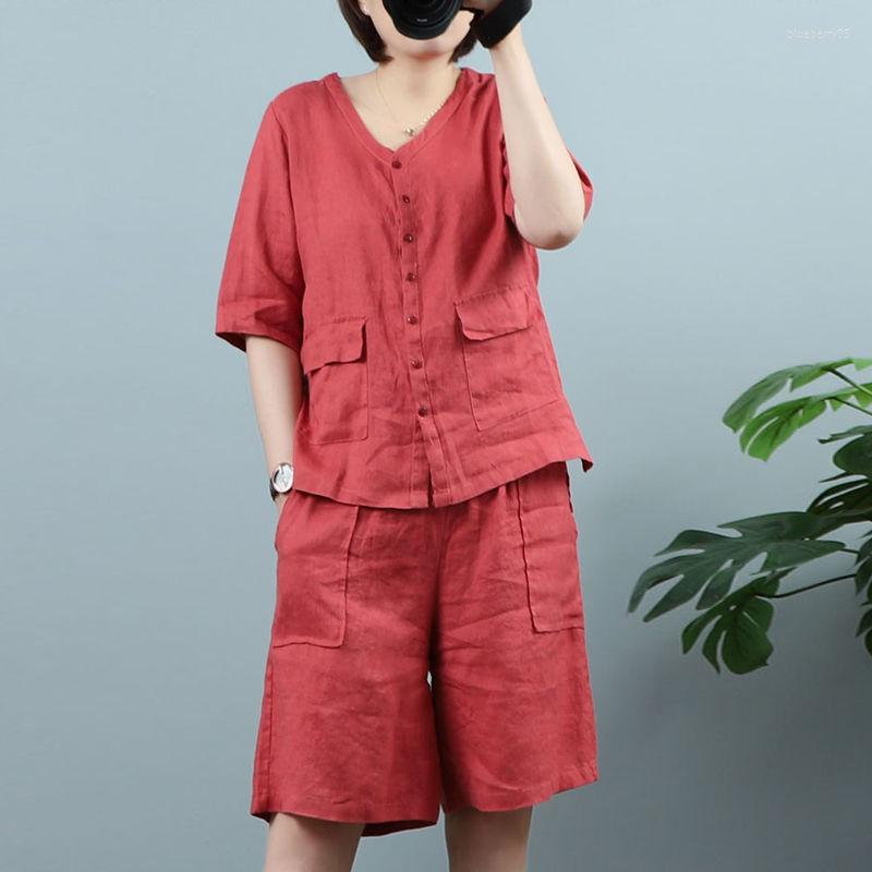 

Women' Two Piece Pants Cotton Linen Two-piece Shorts Set Women' Summer Thin Literary Short Sleeve Top Temperament Tide, Blue