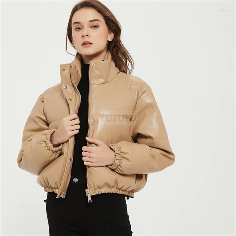 

Women's Leather 2022 Women Fashion Faux Padded Jacket Thick Warm Parka Coat Vintage Long Sleeve Female Outerwear Chic Tops, Beige