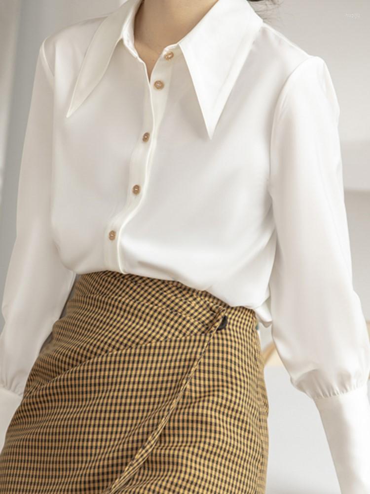 

Women' Blouses Women Summer Stylish Satin White Shirt Elegant Formal Blouse Female Fashion Plus Size Full Sleeve Buttons Cuff Office Tops, Black
