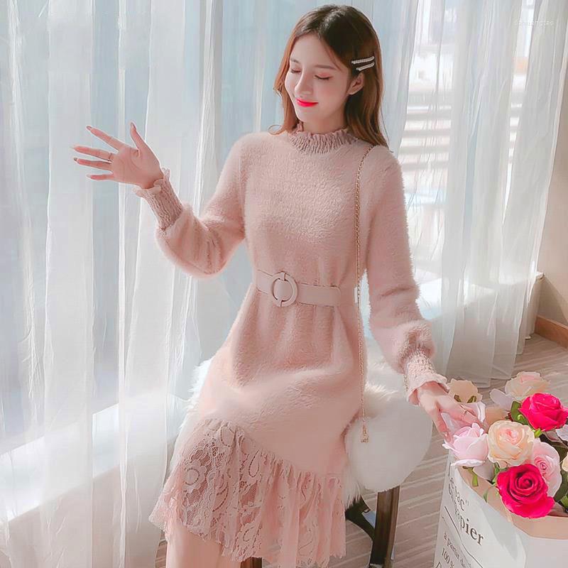 

Casual Dresses Half-High Collar Dress Women Autumn And Winter Style Korean Mid-Length Bottoming Shirt Lace Plush Female Vestidos Top, Pink